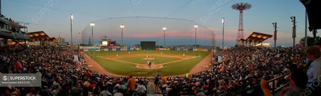 Panorama of MCU Park, formerly Keyspan Park, Brooklyn, New York. Home of baseball's Class A Brooklyn Cyclones, an affiliate of the New York Mets. Coney Island's parachute jump is seen at right.