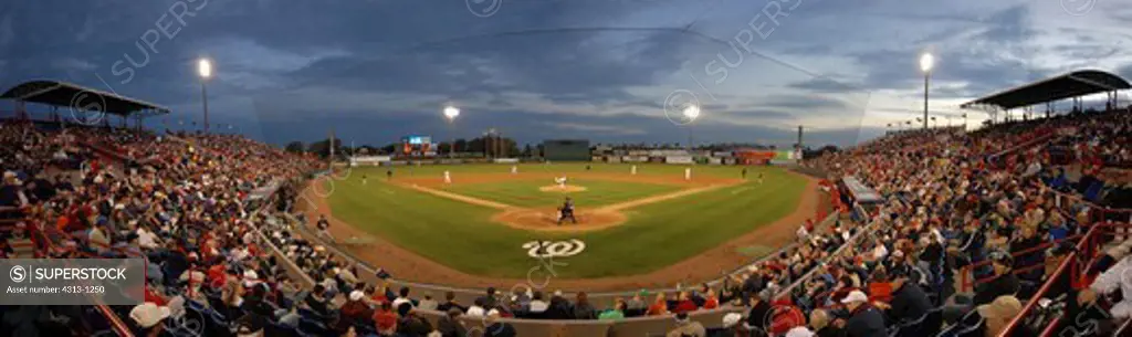Panorama of Space Coast Stadium, Viera, Florida. Home of baseball's Class A Brevard County Manatees, an affiliate of the Milwaukee Brewers, and spring training home for baseball's Washington Nationals.