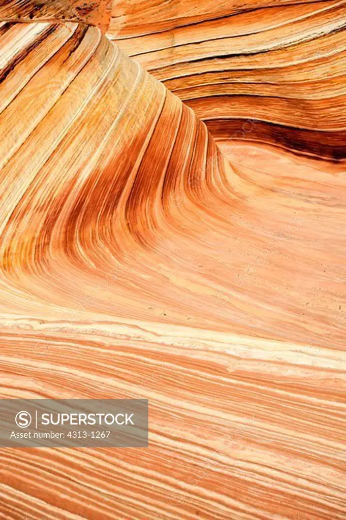 The Wave, a rare rock formation in the North Coyotee Buttes wilderness on the Arizona-Utah border, consists of layers of eroded sandstone carved out into several u-shaped troughs