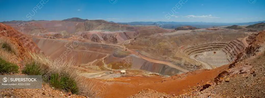 A panorama shows the open-pit Morenci Mine in Morenci, Arizona, the largest copper mine in North America and one of the largest in the world. It also mines gold.