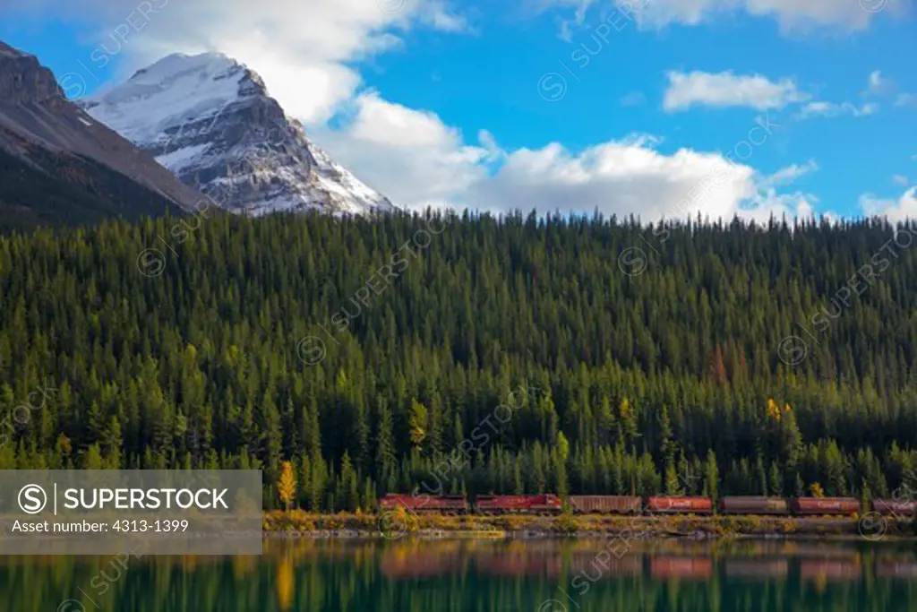 Canada, Alberta, Rocky Mountains, Landscape with Canadian Pacific freight train