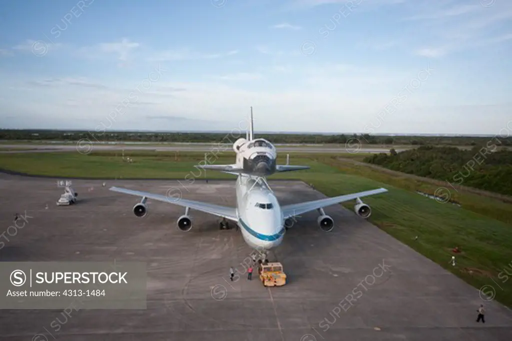 USA, Florida, Cape canaveral, Kennedy Space Center, Elevated View of Endeavour space shuttle on top of 747 shuttle carrier aircraft