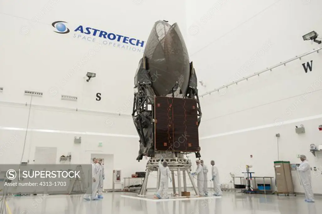 USA, Florida, Cape Canaveral, Kennedy Space Center, view of satellite. A new generation Tracking and Data Relay System (TDRS) satellite, here TDRS-K, is seen inside a cleanroom facility at the Astrotech operations center in Titusville, Florida before its launch.