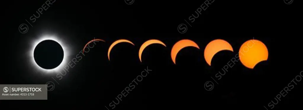 View of total solar eclipse, with diamond-ring effect and phases of the Eclipse of November 14, 2012. Composite photo, with totality, diamond ring effect, and partial phases.