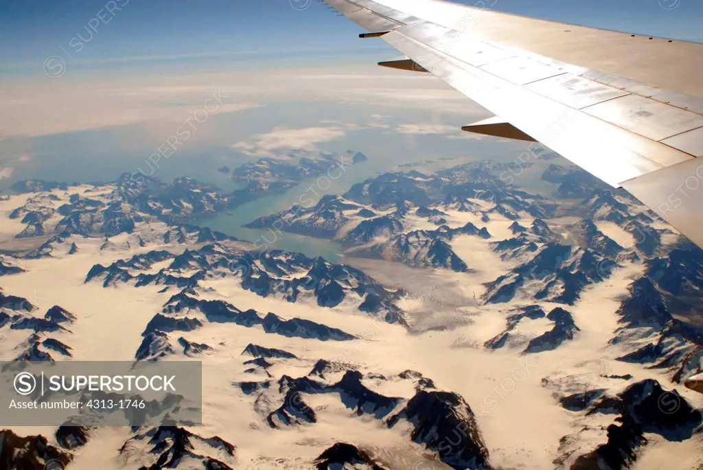 Aerial view of mountains covered with snow, Greenland