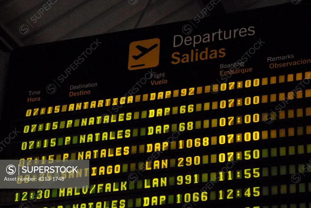 Departure board at the airport, Punta Arenas, Magallanes Province, Chile
