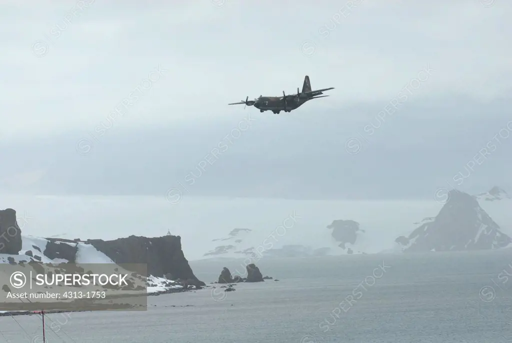 Military airplane landing, King George Island, South Shetland Islands, Antarctic Peninsula, Antarctica