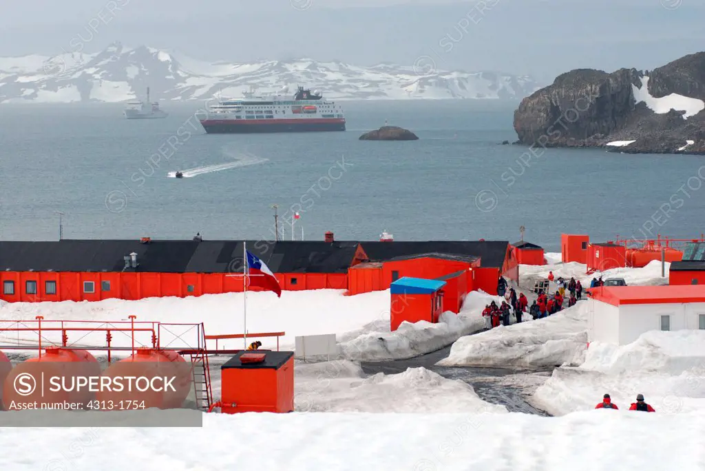 Cruise ship is seen anchored off the coast of Frei Chi-Base, King George Island, South Shetland Islands, Antarctic Peninsula, Antarctica