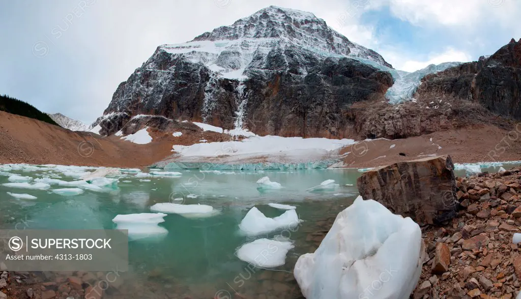 Melting icebergs are seen at the Cavell and Angel Glaciers beneath Mount Edith Cavell in Jasper National Park, Alberta, Canada