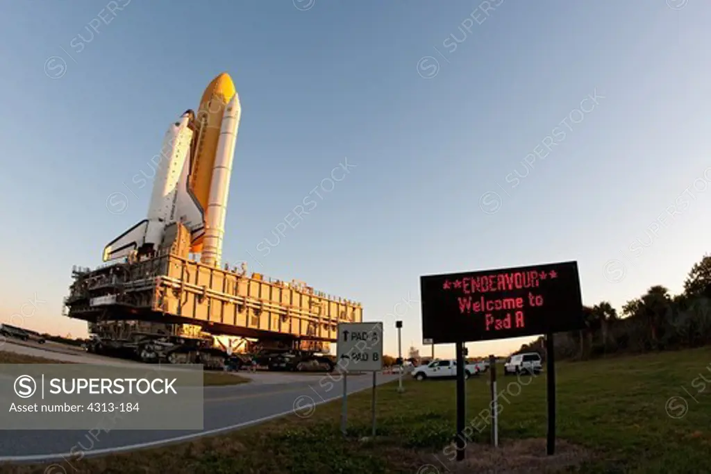Shuttle Endeavour completes a frigid rollout on the crawler transporter to Pad 39A January 6, 2010, in preparation for STS-130.