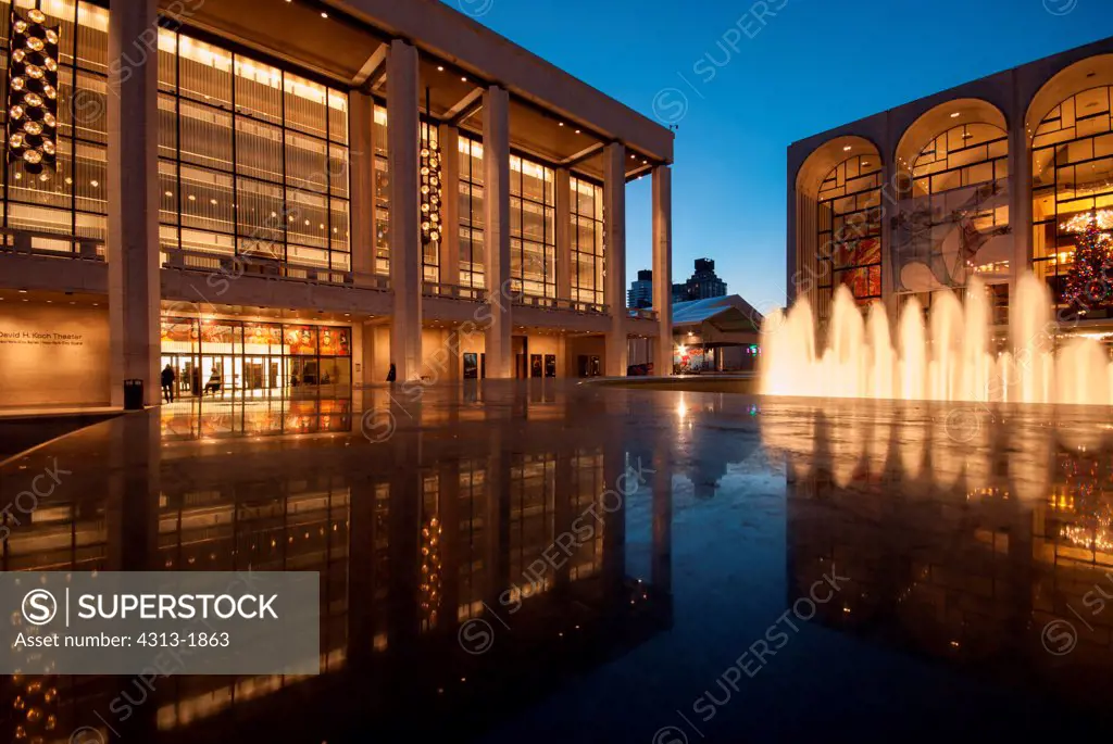 Reflection of the buildings on polished granite courtyard at Lincoln Center for the Performing Arts, Manhattan, New York City, New York State, USA