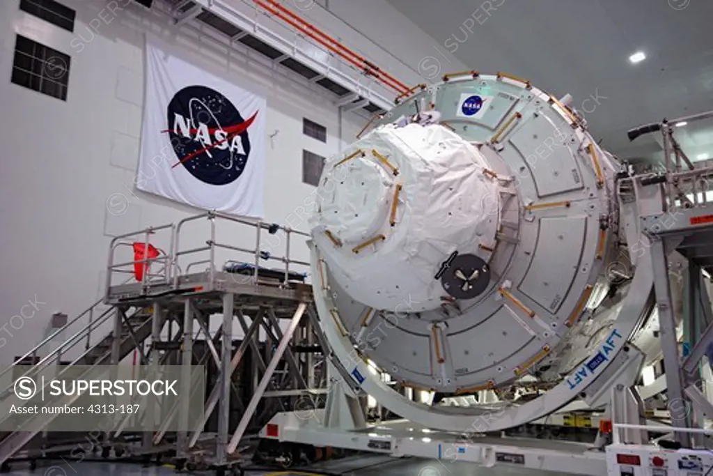 The Tranquility module for the International Space Station (ISS), also known as Node 3 and the subject of Stephen Colbert's naming petition on TV's The Colbert Report, is readied for launch inside the Space Station Processing Facility at Kennedy Space Center for launch on STS-130.
