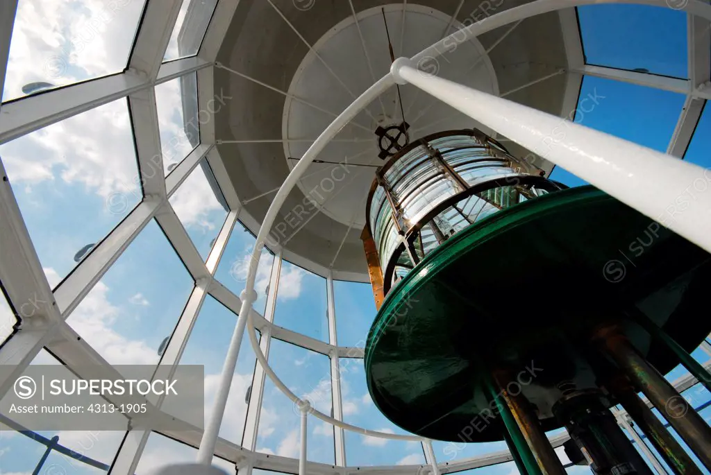 Low angle view of the third order Fresnel lens of the Ponce De Leon Inlet Lighthouse, Ponce De Leon Inlet, Florida, USA