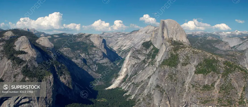High angle view of Half Dome seen from Glacier Point in Yosemite Valley, Yosemite National Park, California, USA