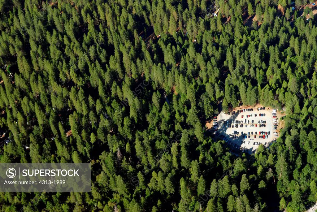 High angle view of parking lot in the forest at Yosemite National Park, California, USA