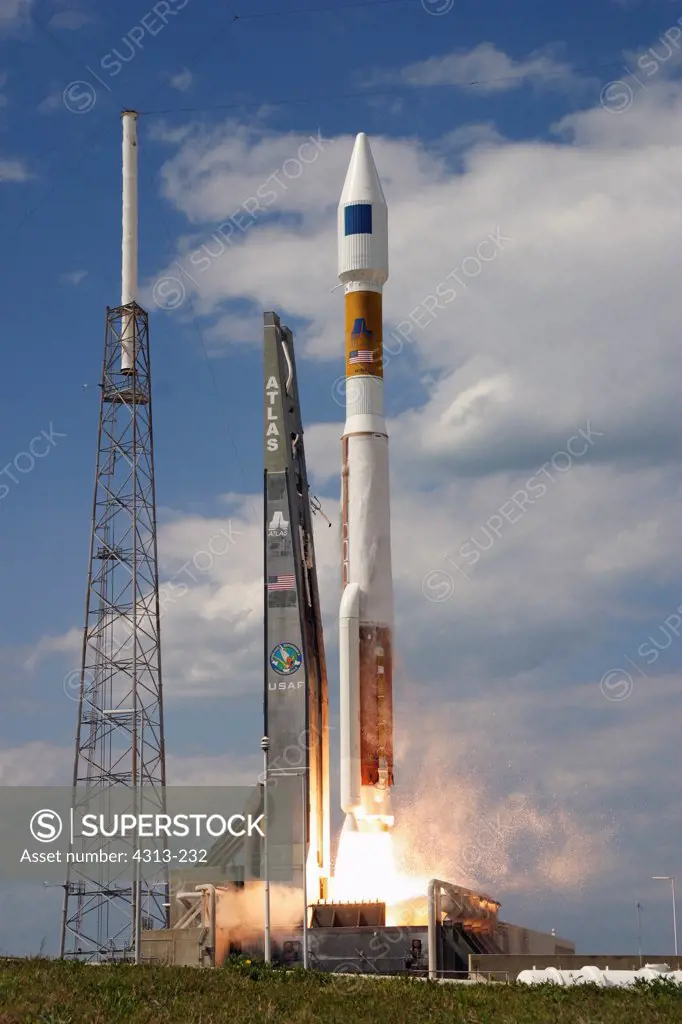 An Atlas V rocket launches ICO mobile communications satellite.