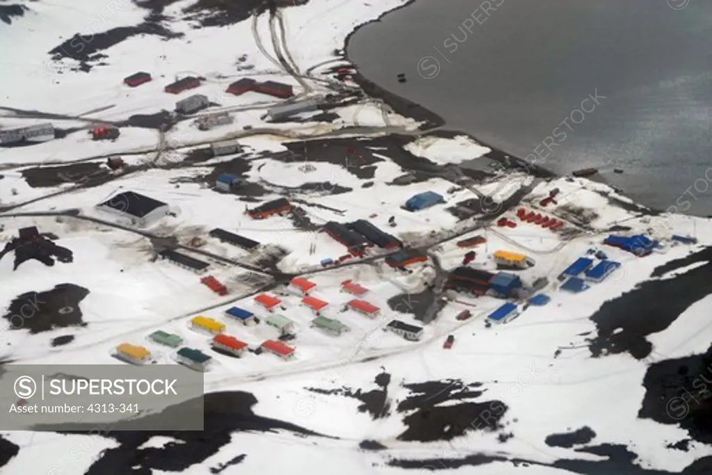 Aerial view of Chile's Frei research base on King George Island, Antarctica.
