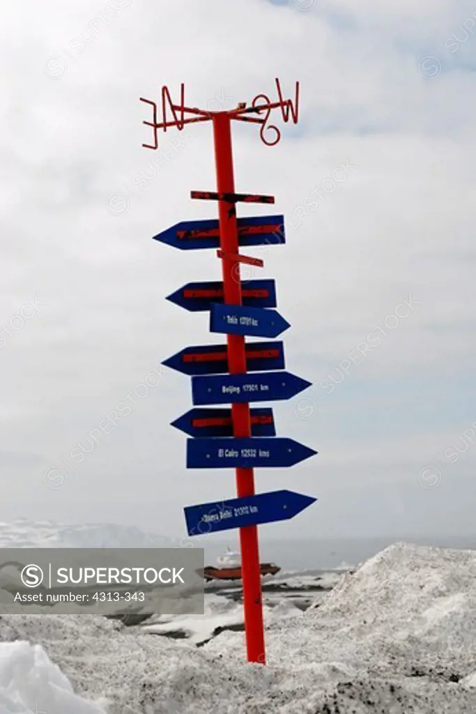 A Spanish signpost at Chile's Frei research base on King George Island, Antarctica, showing miles to distant cities in the north.