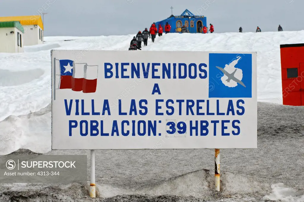A welcome sign at Chile's Frei research base (here called 'Villa Las Estrellas', or House of Stars) on King George Island, Antarctica gives a population count.