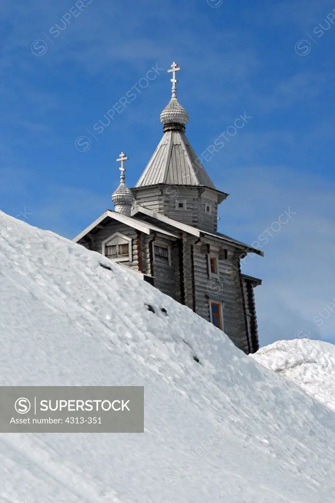 Trinity Church, a Russian orthodox church built in 2004 near Russia's Bellingshausen research base on King George Island in the Antarctic. It was built in Siberia and shipped to Antarctica, the southernmost Eastern Orthodox church in the world, and permanently staffed by a priest..