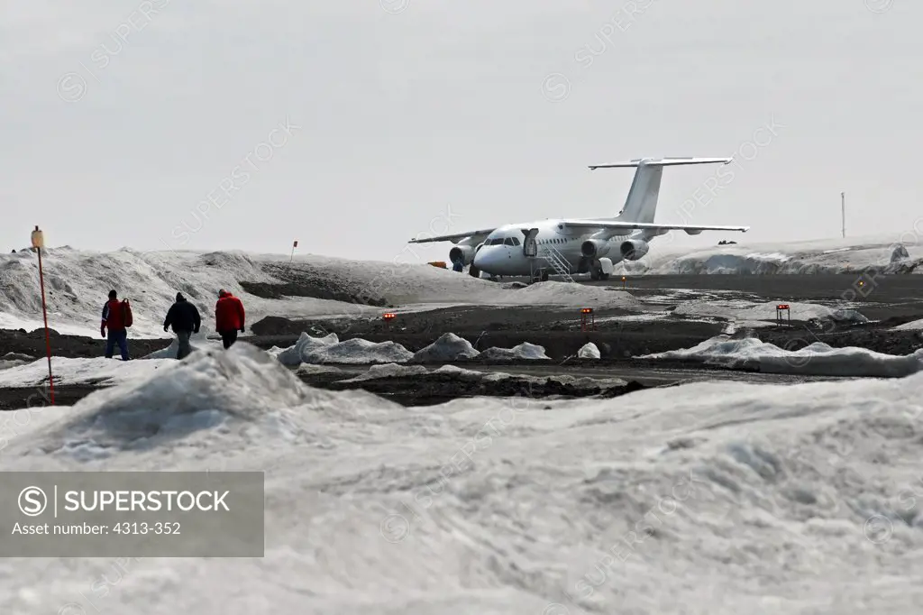 A BAE-146 aircraft on the gravel runway at Chile's Frei research base on King George Island, Antarctica.