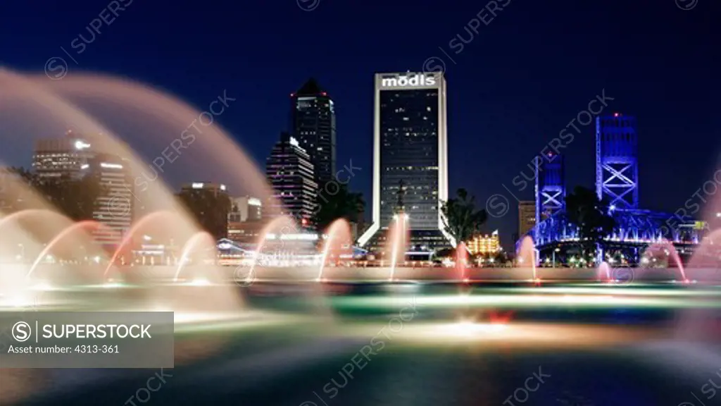 The Jacksonville skyline and the Friendship Fountain on St. John's River at dusk