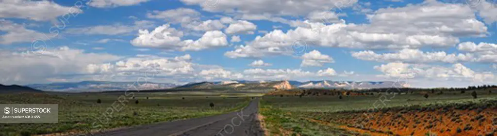 Panorama of the landscape near Bryce Canyon National Park, traveling east on Utah Highway 22, with the Escalante Mountains on the horizon.