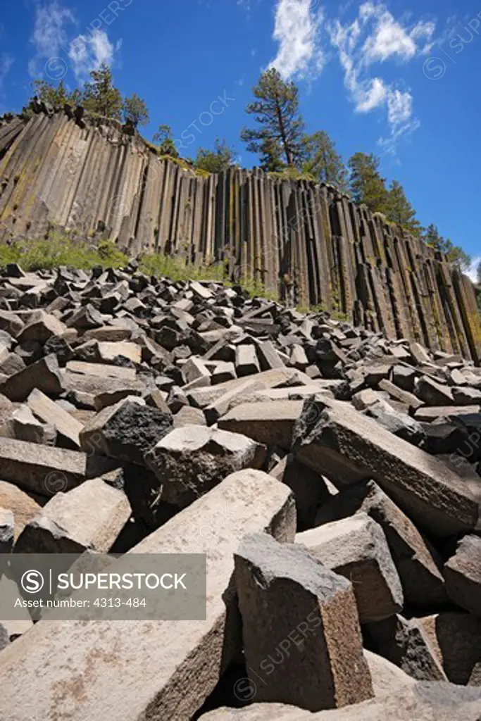 Devil's Postpile National Monument, near Mammoth Lakes, California, is a formation of columnar basalt (lava) that settled into hexagonal and similar shapes during cooling.