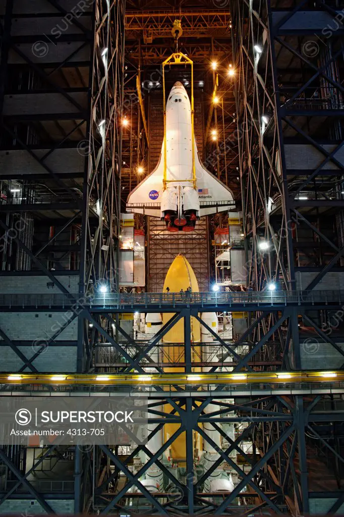 Space Shuttle Atlantis Lifted for Mating to Solid Rocket Boosters
