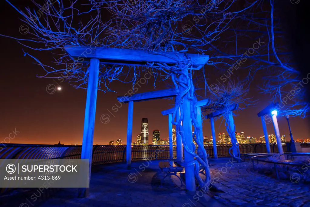 Blue arches and vines, with Jersey City in background.