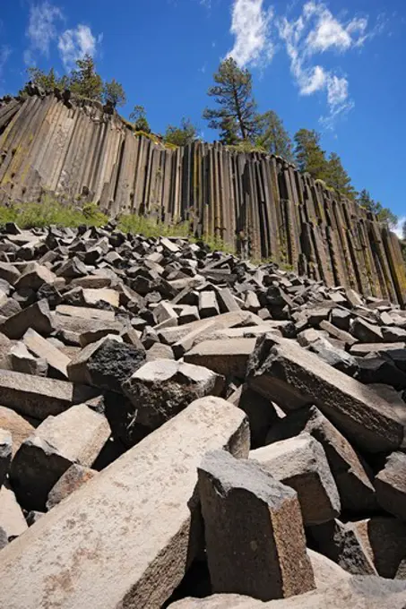 Devil's Postpile National Monument, near Mammoth Lakes, California, is a formation of columnar basalt (lava) that settled into hexagonal and similar shapes during cooling.