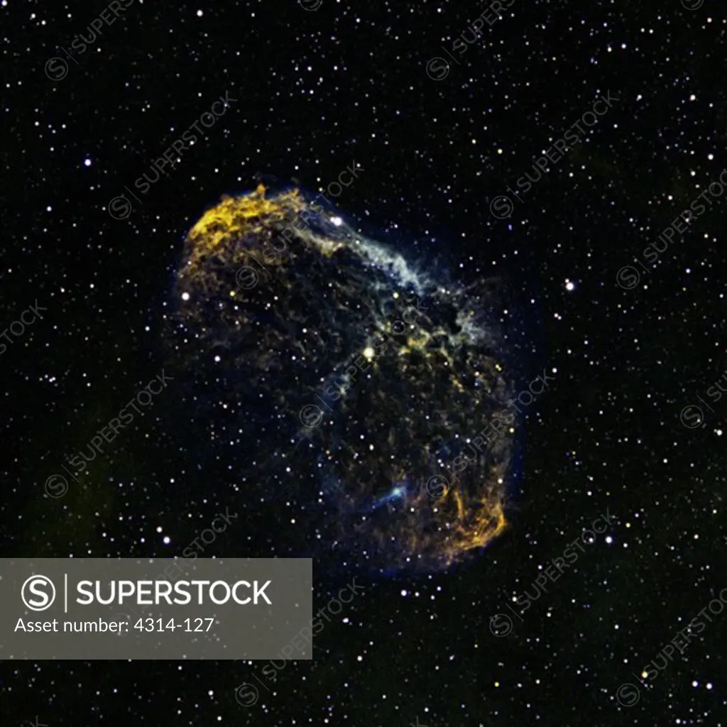 The Crescent Nebula, also known as NGC 6888, is an emission nebula in the constellation Cygnus. Here the NII wavelength is red, the H alpha is green, and the O III is blue.