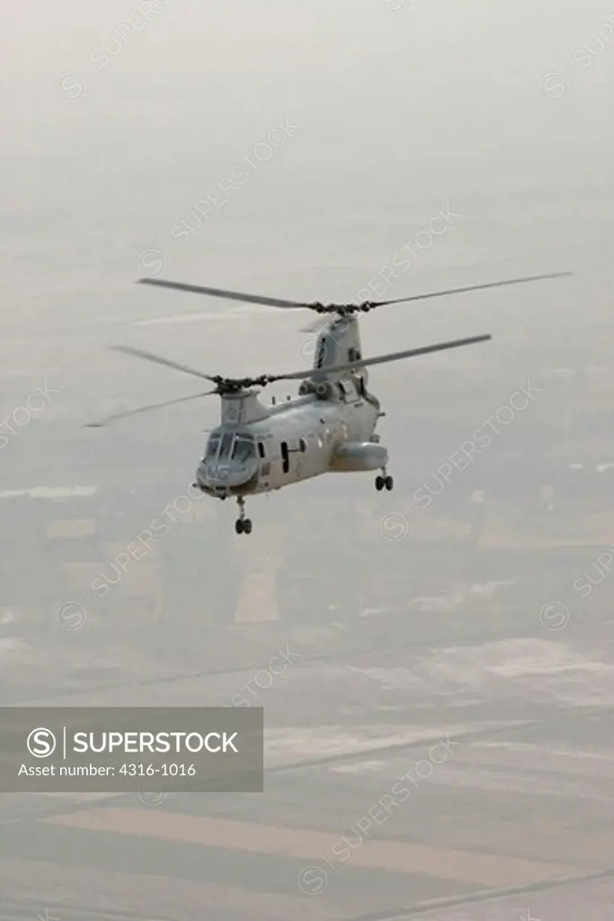 A US Marine Corps CH-46 Sea Knight Helicopter Flies Above Baghdad, Iraq