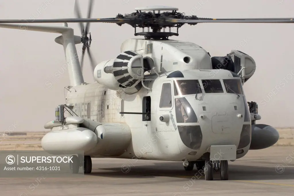 A US Marine Corps CH-53D Sea Stallion Helicopter at Al Asad Air Base in the Al Anbar Province of Iraq
