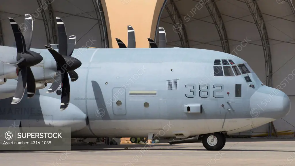 A US Marine Corps C-130J Hercules at Al Asad Air Base in Iraq's Al Asad Air Base