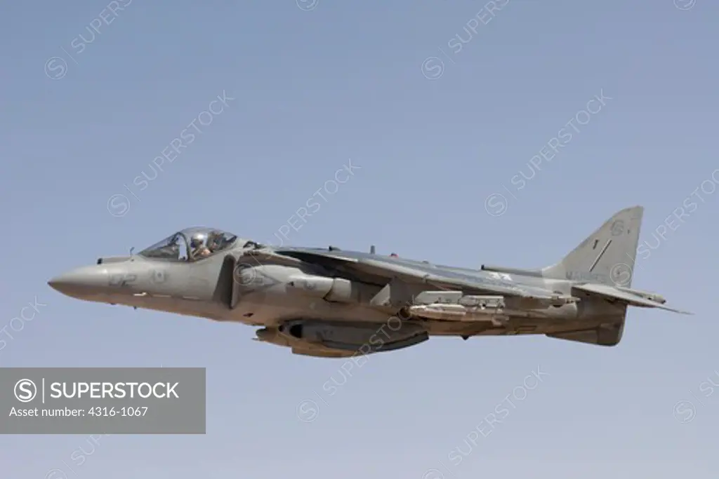 A US Marine Corps AV-8B Harrier Launches from Al Asad Air Base in Iraq's Al Anbar Province