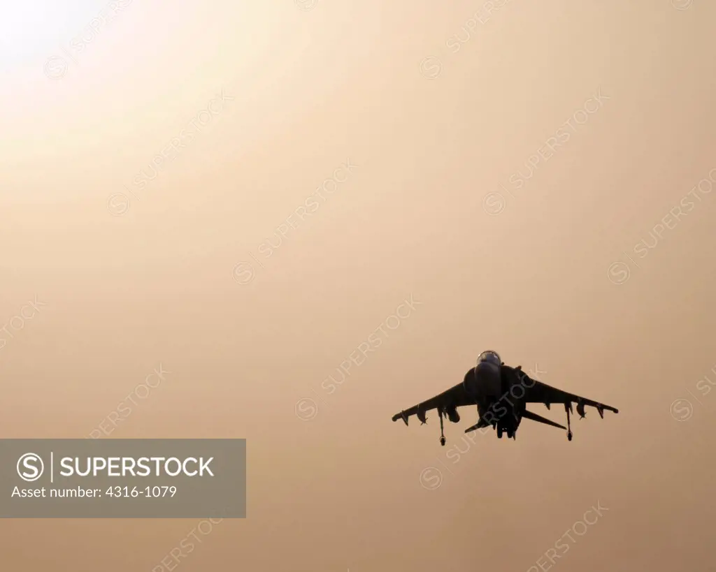 A US Marine Corps AV-8B Harrier Launches into the Sky Above Al Asad Air Base in the Al Anbar Province of Iraq