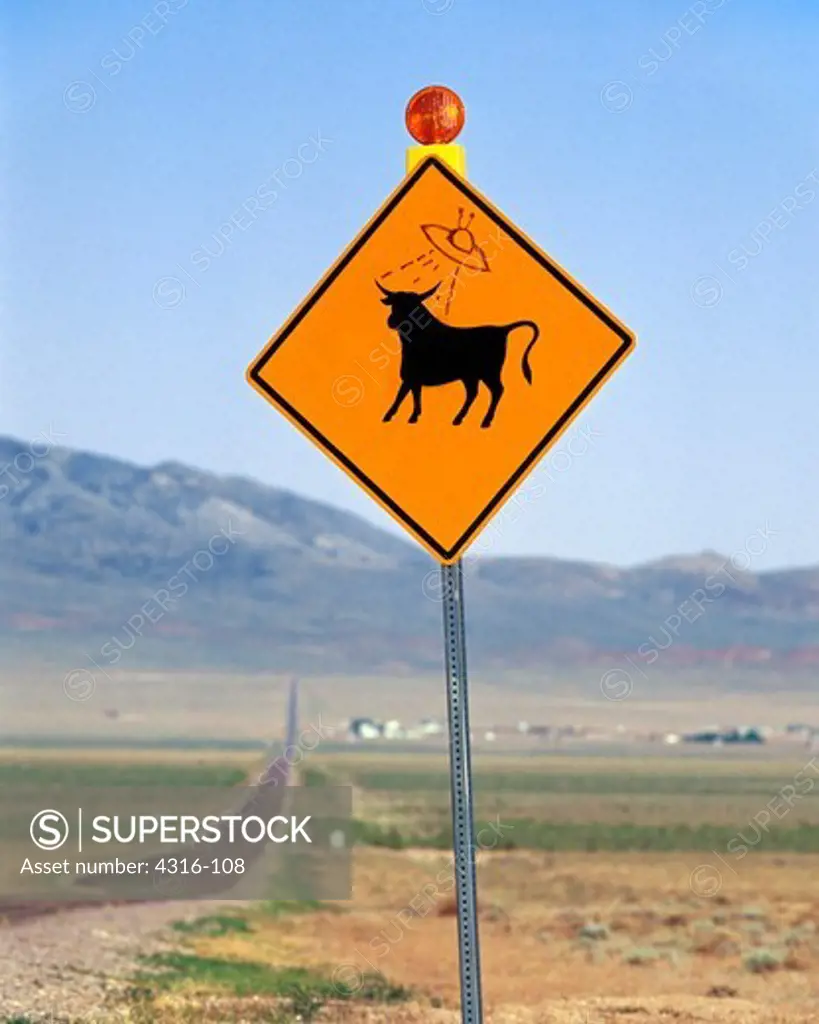 Cattle Crossing Sign with UFO