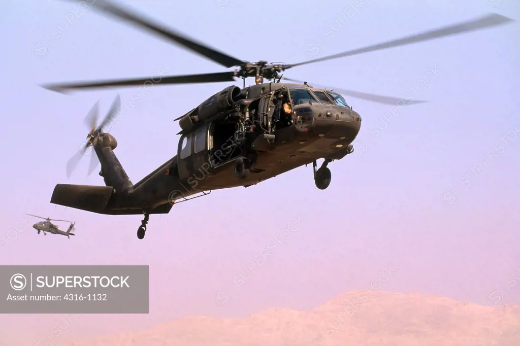 Black Hawk Helicopter Makes A Landing Approach At Jalalabad, Afghanistan