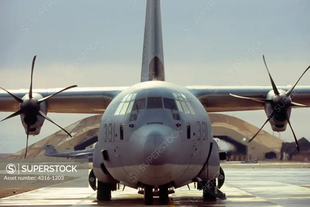 A US Marine C-130J Hercules Readies to Launch from Al Asad Air Base in Iraq's Anbar Province