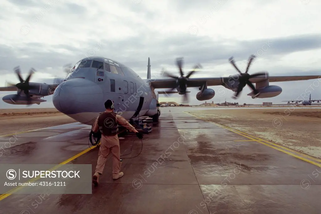 A US Marine C-130J Hercules Readies to Launch from Al Asad Air Base in Iraq's Anbar Province