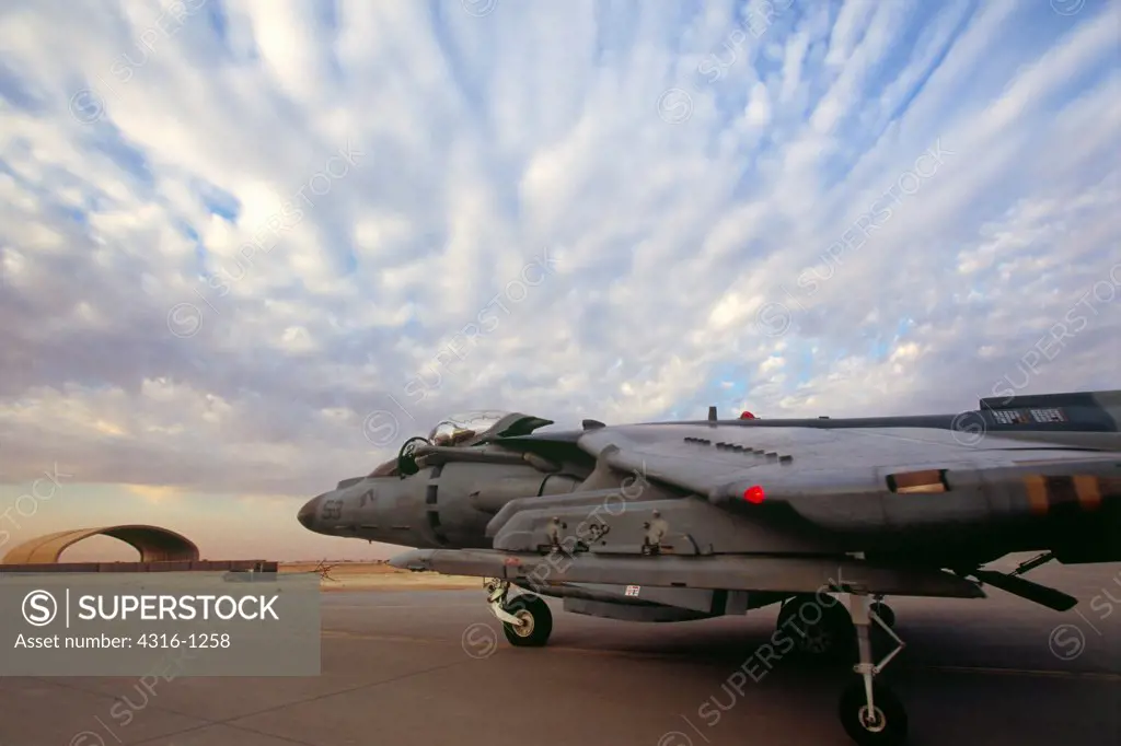 A US Marine Corps AV-8B Harrier Taxis Before a Takeoff at Al Asad Air Base in Iraq's Anbar Province