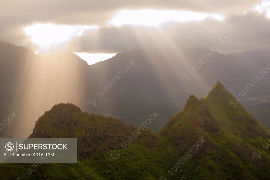Crepuscular Rays Behind Olomana Peak on the Hawaiian Island of Oahu