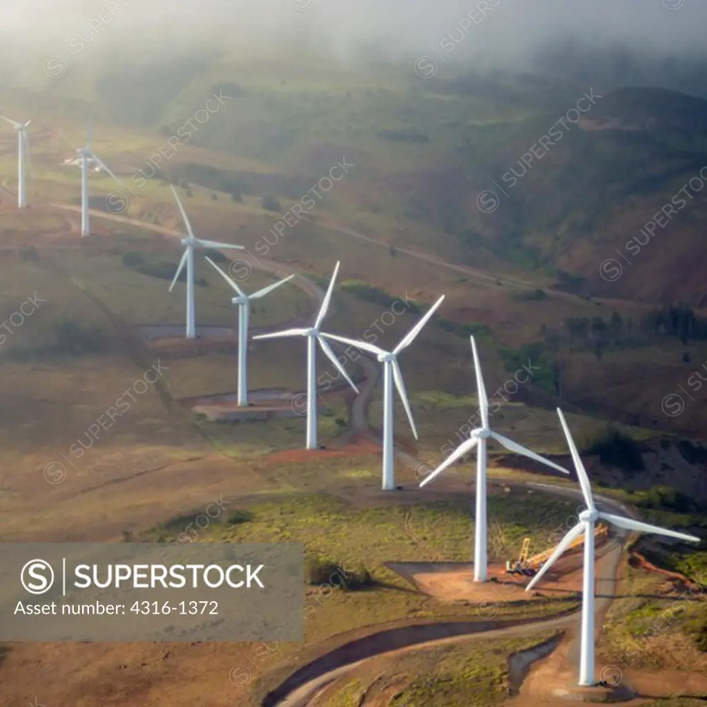 Wind Turbines of the Kaheawa Wind Energy Project, on the West Maui Mountains of the Hawaiian Island of Maui