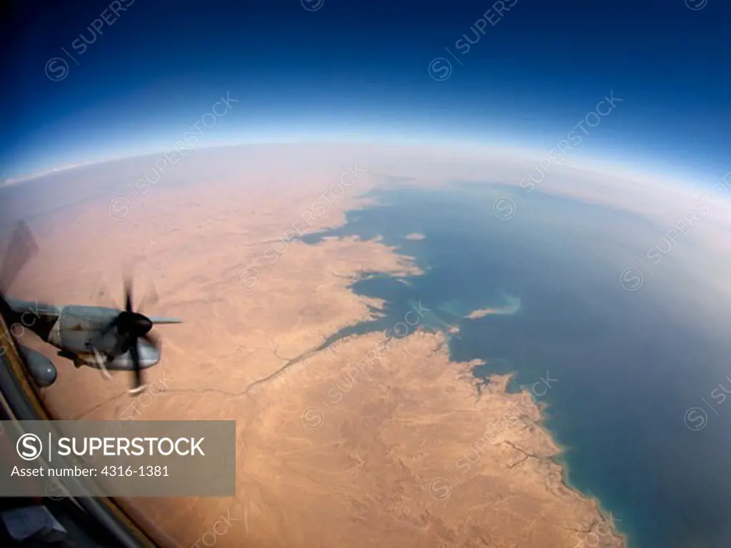 Fisheye View of Lake Qadisiyah, near Haditha, in Iraq's Al Anbar Province, from a USMC C-130J, During a Refueling Operation