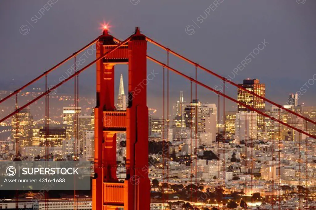 Transamerica Building Framed by the North Tower of the Golden Gate Bridge