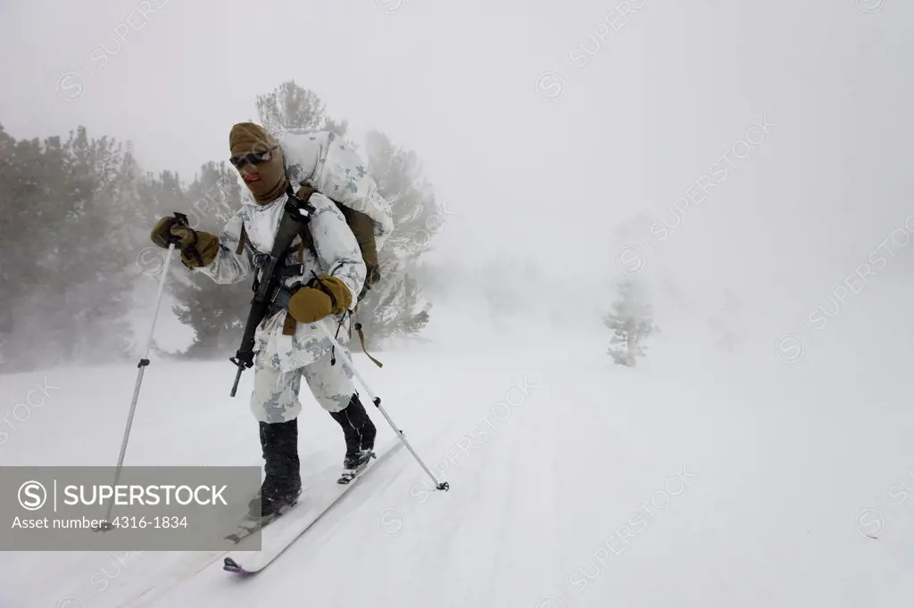 U.S. Marine Skis Through a Blizzard