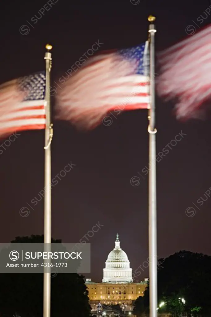 United States Capitol Framed by American Flags