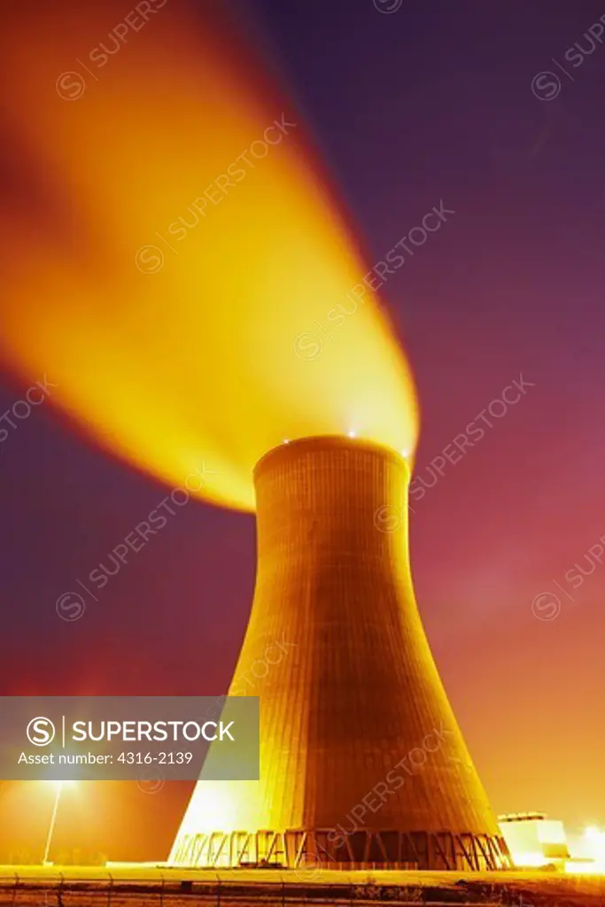Night View of a Nuclear Power Plant Cooling Tower