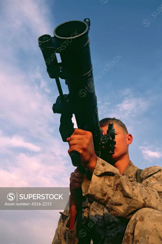 A Marine Assaultman Aims a Rocket Launcher